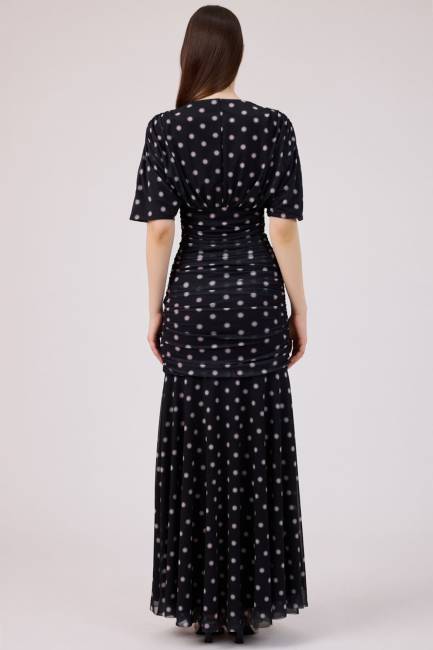 Soyut puan desenli tül maxi elbise - Thumbnail