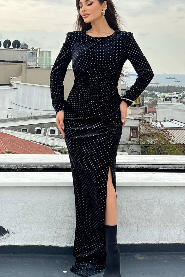 Fever - Taş detaylı kadife elbise