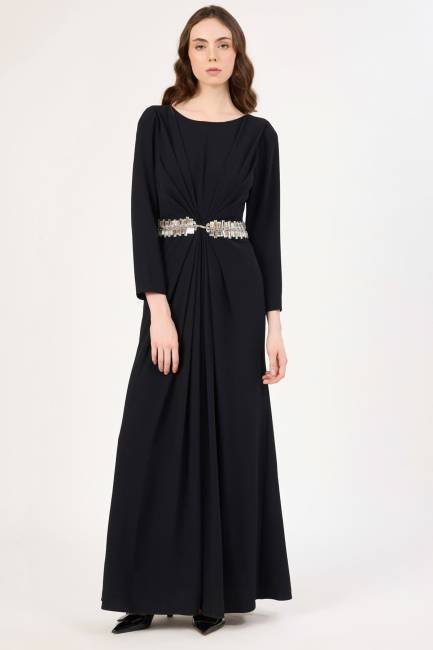 Fever - Taş detaylı siyah maxi boy elbise (1)