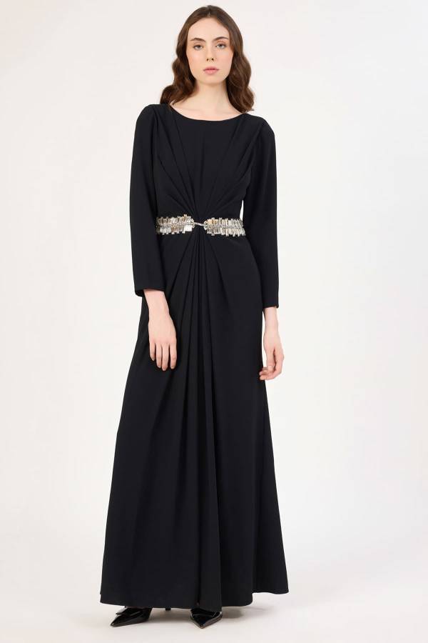 Taş detaylı siyah maxi boy elbise