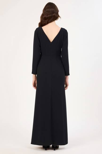 Taş detaylı siyah maxi boy elbise - Thumbnail