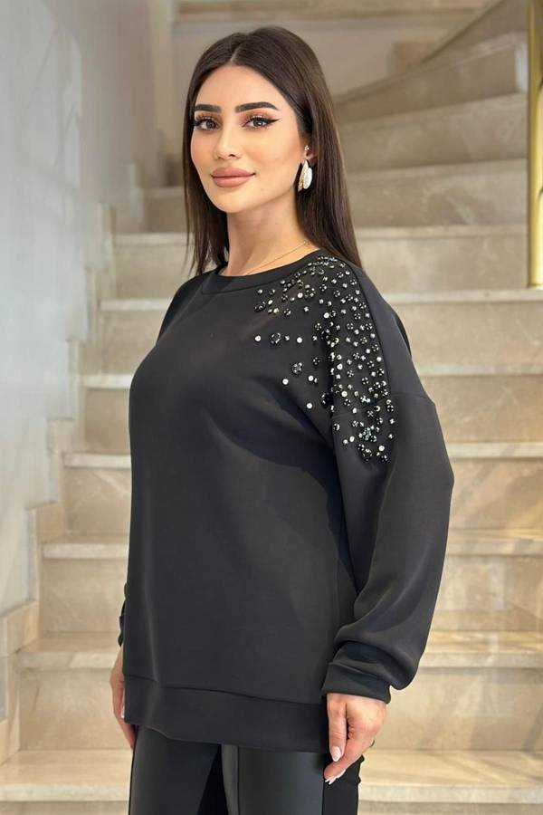 Fever - Taş İşleme detaylı siyah örme bluz (1)