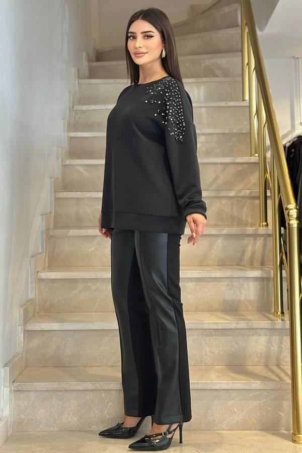 Taş İşleme detaylı siyah örme bluz