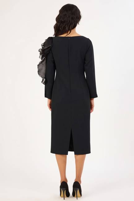 Tasarım çicek aksesuarlı midi elbise - Thumbnail