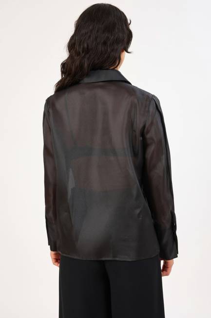 Tasarım taş detaylı siyah organze gömlek - Thumbnail