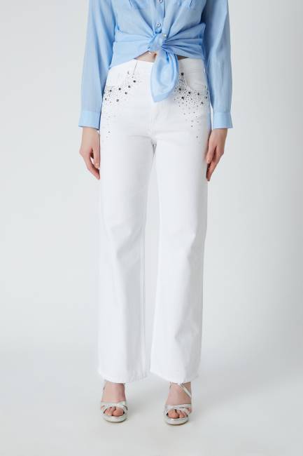 Fever - Taşlı beyaz denim pantolon