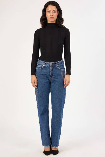 Taşlı düz form jean pantolon - Thumbnail