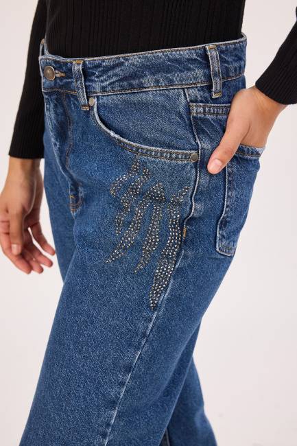 Taşlı düz form jean pantolon - Thumbnail