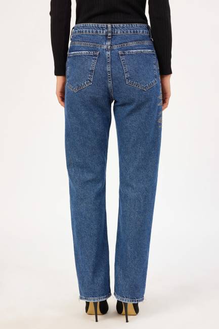 Taşlı düz form jean pantolon - Thumbnail
