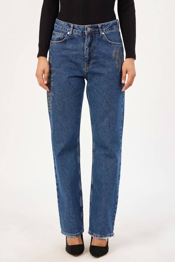 Taşlı düz form jean pantolon