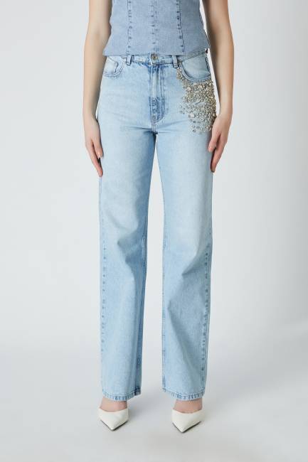 Fever - Taşlı mavi denim pantolon