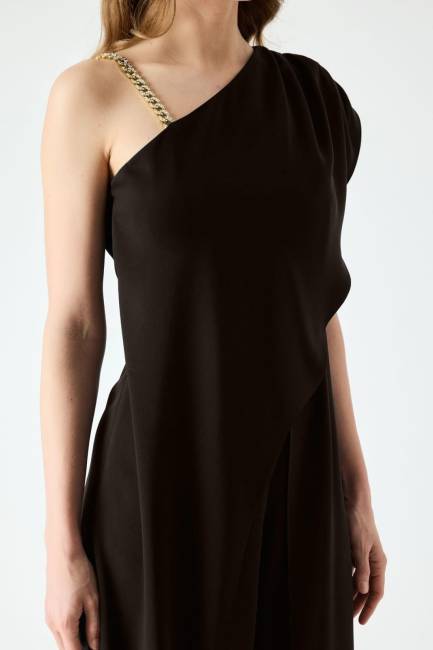 Tek omuzu zincir detaylı asimetrik tulum - Thumbnail