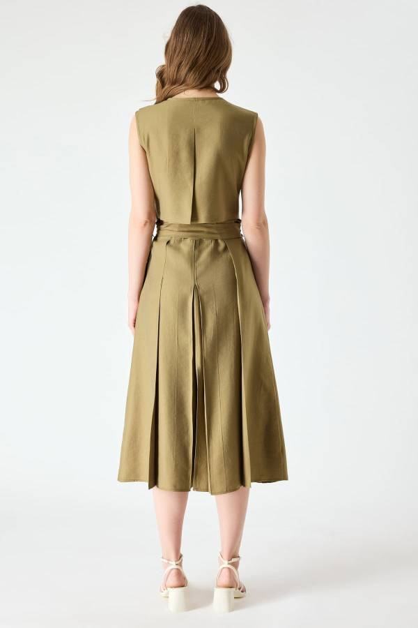 Tencel karışımlı pile detaylı kuşaklı elbise 