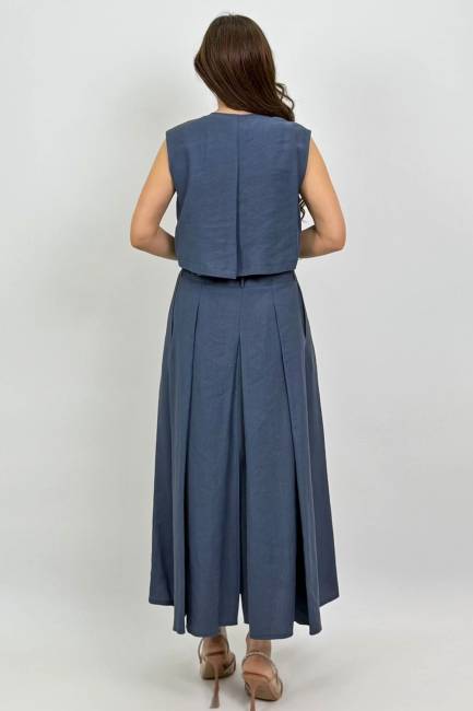 Tencel karışımlı pile detaylı kuşaklı elbise - Thumbnail