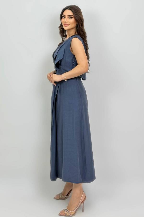 Tencel karışımlı pile detaylı kuşaklı elbise 