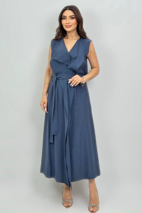 Tencel karışımlı pile detaylı kuşaklı elbise 