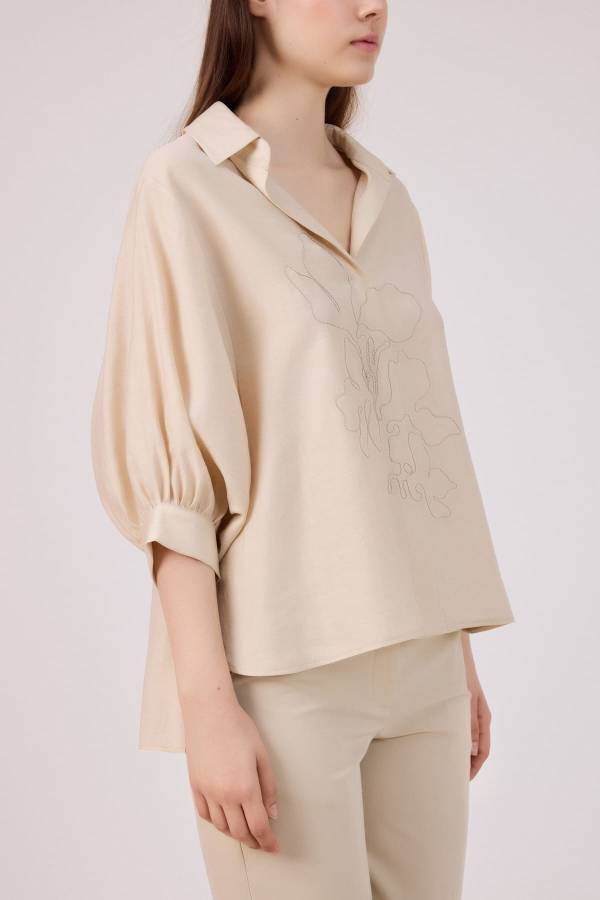 Tencel keten nakışlı gömlek