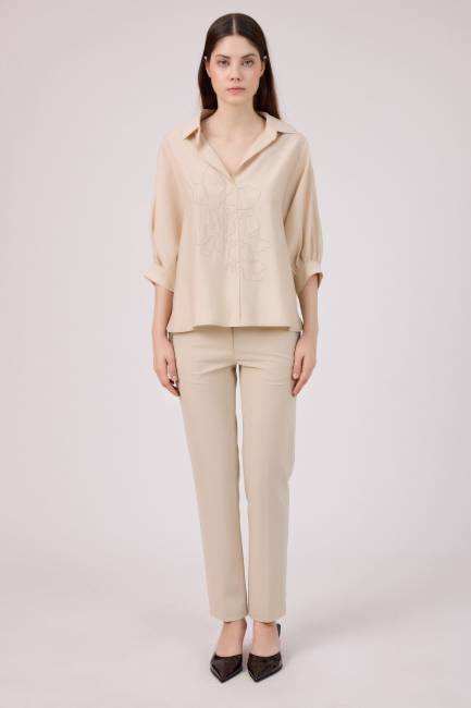 Tencel keten nakışlı gömlek - Thumbnail