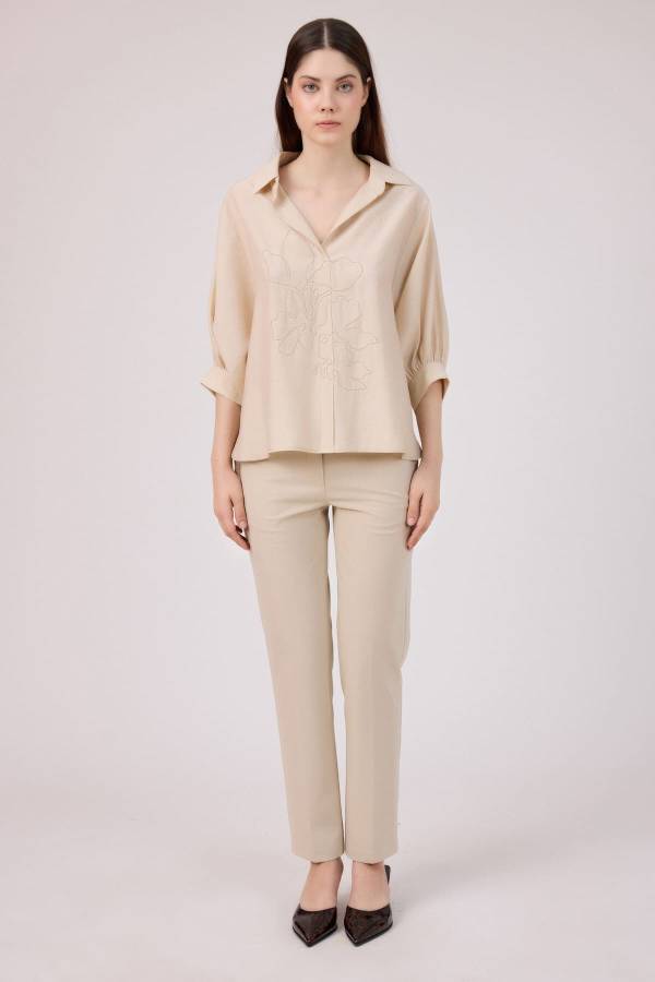 Tencel keten nakışlı gömlek