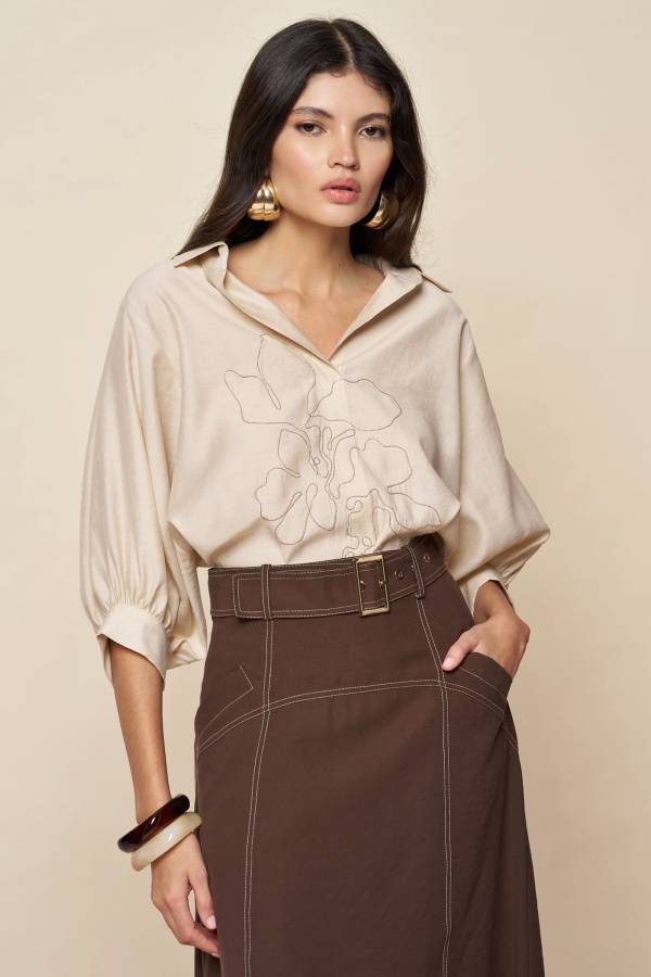 Fever - Tencel keten nakışlı gömlek