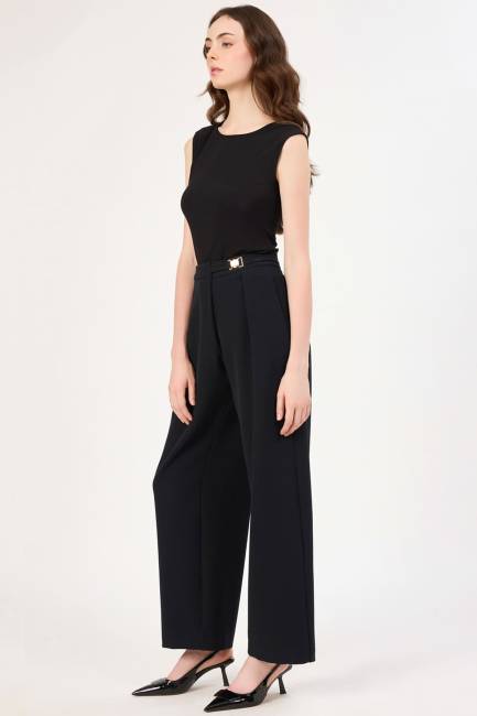 Toka detaylı likralı geniş paça pantolon - Thumbnail