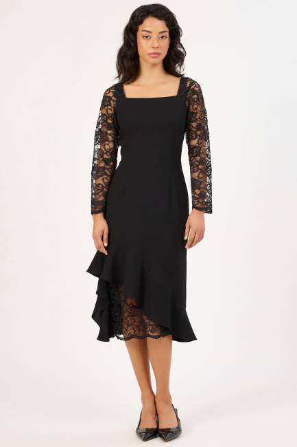 U Yaka dantel detaylı asimetrik elbise - Thumbnail