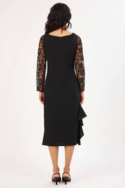 U Yaka dantel detaylı asimetrik elbise - Thumbnail