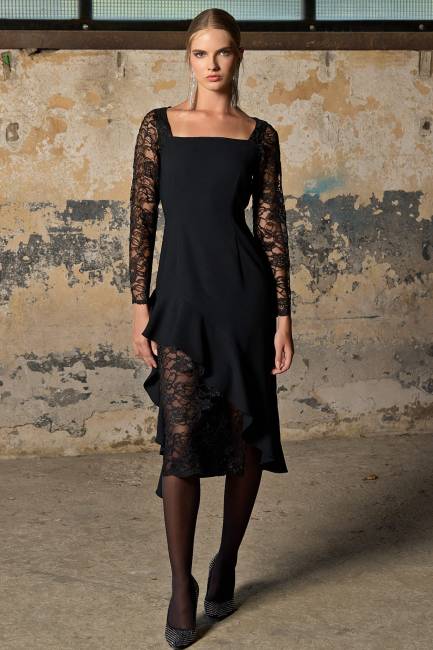 Fever - U Yaka dantel detaylı asimetrik elbise