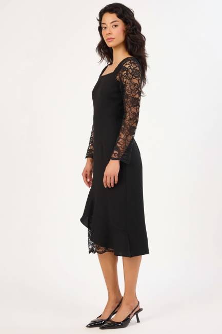 U Yaka dantel detaylı asimetrik elbise - Thumbnail