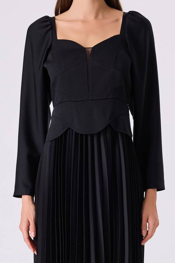 Fever - Uzun kollu pileli siyah elbise (1)