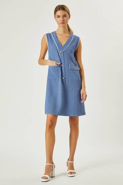 V yakalı kolsuz mini elbise - Thumbnail