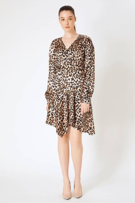 V yakalı leopar desenli asimetrik kesim elbise - Thumbnail