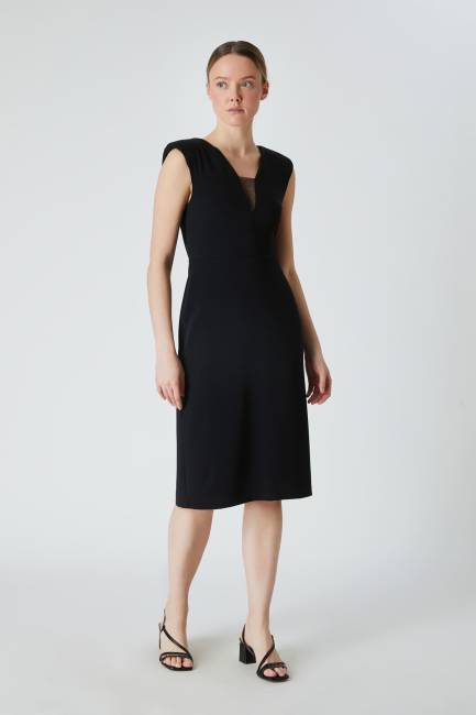 Fever - V yakalı midi boy siyah elbise (1)