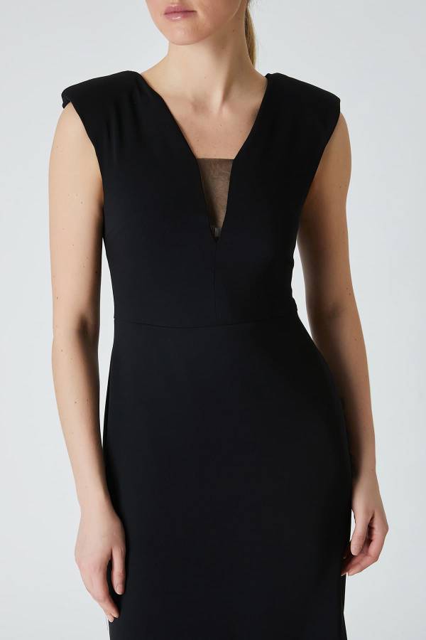 V yakalı midi boy siyah elbise