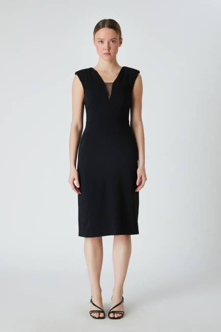 Fever - V yakalı midi boy siyah elbise