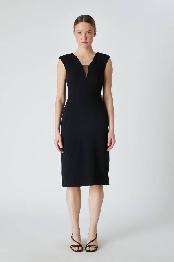 V yakalı midi boy siyah elbise