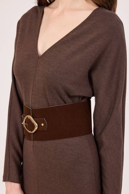 Fever - V yakalı süet kemerli midi elbise (1) Fever - V yakalı süet kemerli midi elbise (1)