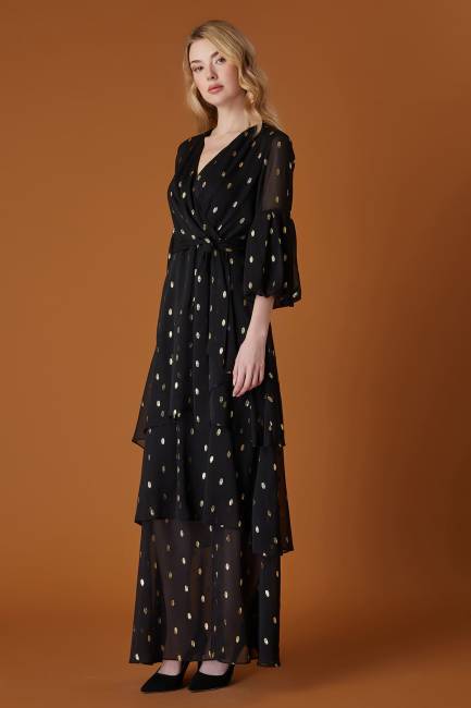 Varak puanlı şifon maxi elbise - Thumbnail