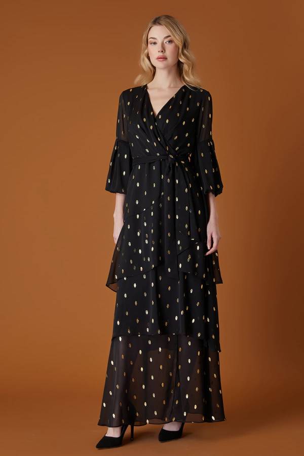 Varak puanlı şifon maxi elbise