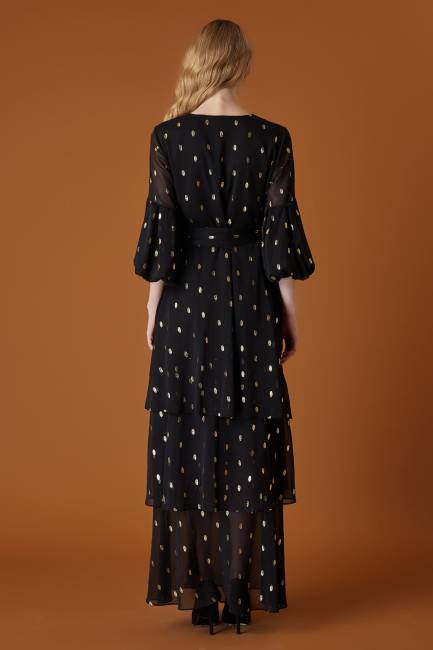 Varak puanlı şifon maxi elbise - Thumbnail