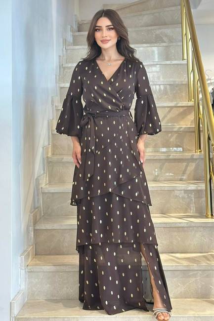 Varak puanlı şifon maxi elbise - Thumbnail