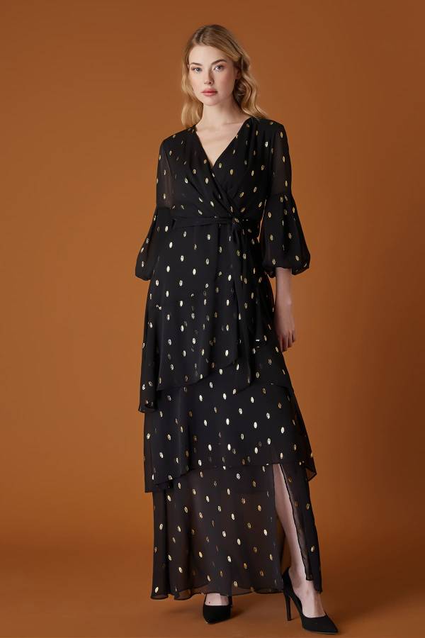 Varak puanlı şifon maxi elbise