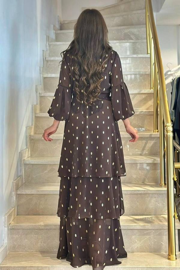 Varak puanlı uzun şifon elbise