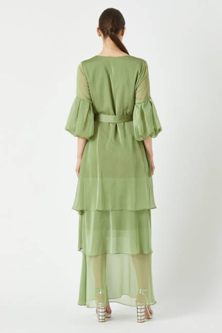 Volanlı kat kat uzun elbise - Thumbnail