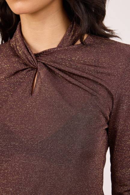 Yakası büzgü detaylı simli bluz - Thumbnail