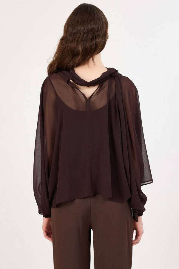 Yakası fiyonk detaylı broş aksesuarlı bluz