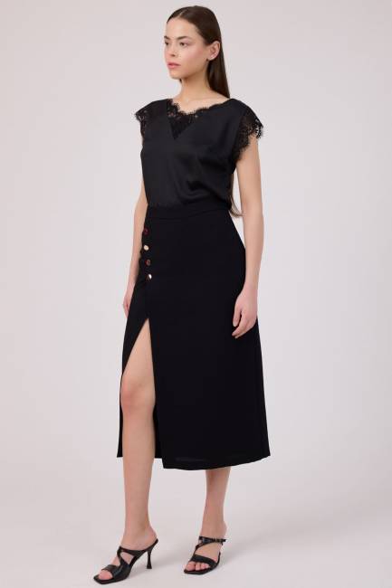 Yırtmaç detaylı düğmeli etek - Thumbnail