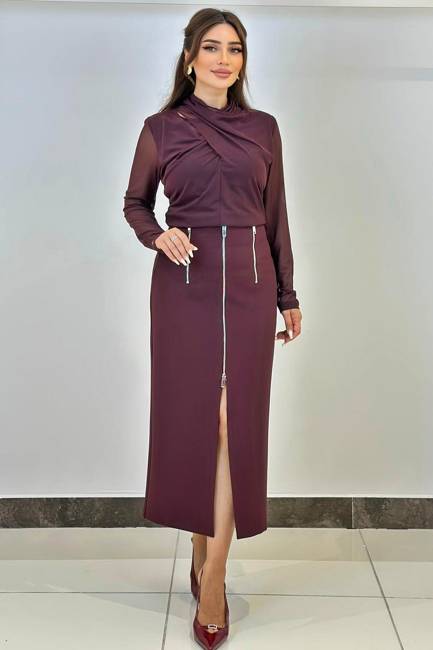 Fever - Yırtmaç ve fermuar detaylı likralı etek