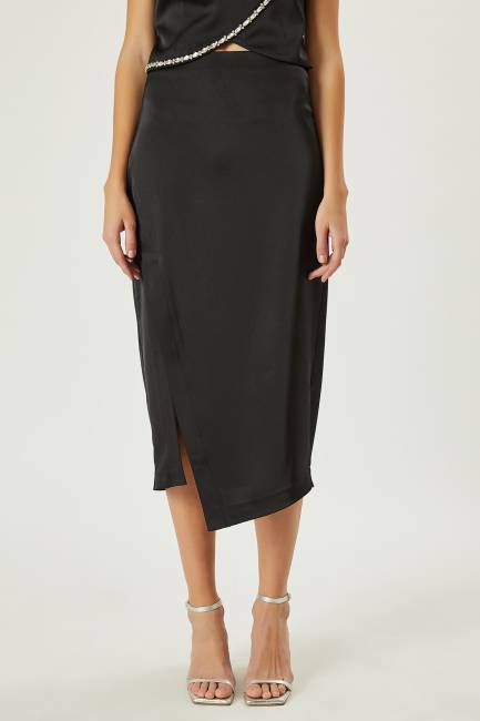 Yırtmaçlı saten etek - Thumbnail